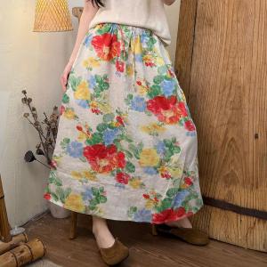 Tropical Printed Summer Linen A-Line Skirt