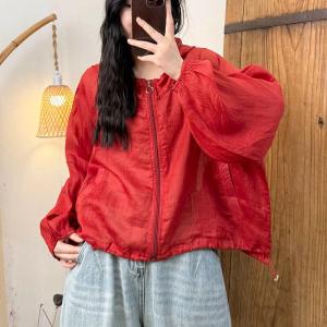 Puff Sleeves Ramie Sun-Proof Hooded Coat