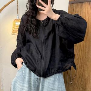 Puff Sleeves Ramie Sun-Proof Hooded Coat