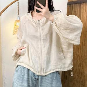 Puff Sleeves Ramie Sun-Proof Hooded Coat