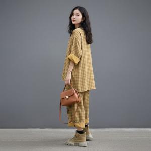 Patchwork Yellow Plaids Cotton Linen Loose Sets