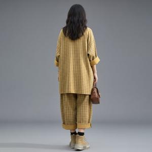 Patchwork Yellow Plaids Cotton Linen Loose Sets