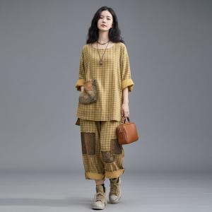 Patchwork Yellow Plaids Cotton Linen Loose Sets