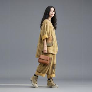 Patchwork Yellow Plaids Cotton Linen Loose Sets