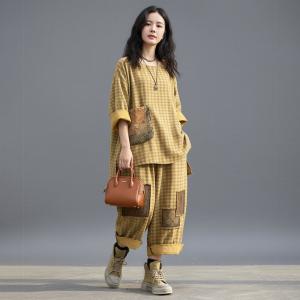 Patchwork Yellow Plaids Cotton Linen Loose Sets
