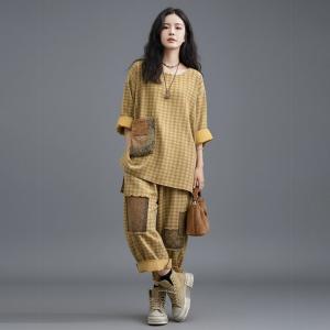 Patchwork Yellow Plaids Cotton Linen Loose Sets