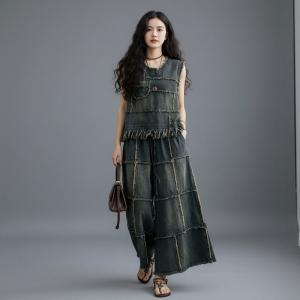 Denim Fringed Vest with Wide Leg Jean Sets
