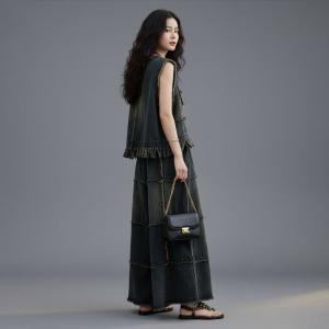 Denim Fringed Vest with Wide Leg Jean Sets