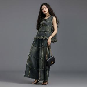 Denim Fringed Vest with Wide Leg Jean Sets