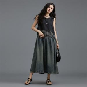 Blue and Black Sleeveless Loose Jean Dress