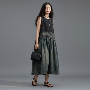 Blue and Black Sleeveless Loose Jean Dress