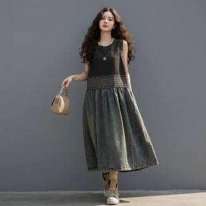 Blue and Black Sleeveless Loose Jean Dress