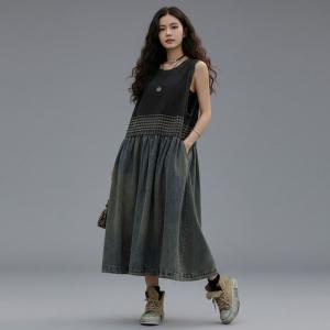 Blue and Black Sleeveless Loose Jean Dress