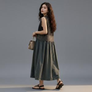 Blue and Black Sleeveless Loose Jean Dress