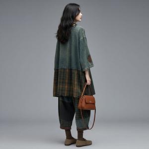 Oriental Chic Patchwork Tunic with Baggy Plaid Jeans