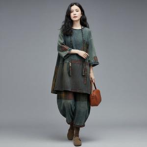 Oriental Chic Patchwork Tunic with Baggy Plaid Jeans