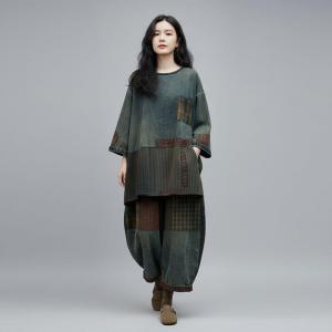 Oriental Chic Patchwork Tunic with Baggy Plaid Jeans
