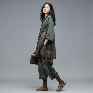 Oriental Chic Patchwork Tunic with Baggy Plaid Jeans