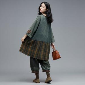 Oriental Chic Patchwork Tunic with Baggy Plaid Jeans