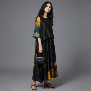 Ginkgo Leaf Black Silk Tied Dress