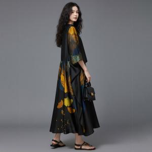 Ginkgo Leaf Black Silk Tied Dress