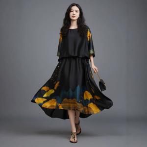Ginkgo Leaf Black Silk Tied Dress