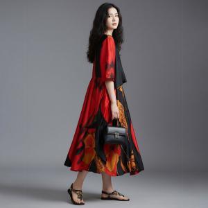 Ginkgo Leaf Black Silk Tied Dress
