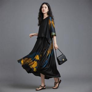 Ginkgo Leaf Black Silk Tied Dress