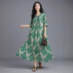 Green Flowers Loose Ramie Beach Dress