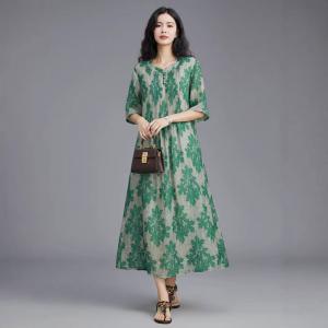 Green Flowers Loose Ramie Beach Dress