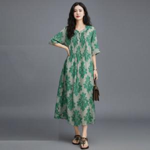Green Flowers Loose Ramie Beach Dress