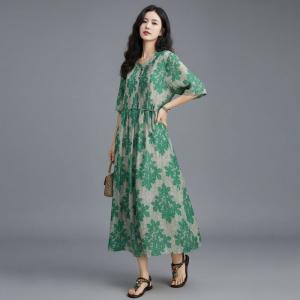 Green Flowers Loose Ramie Beach Dress