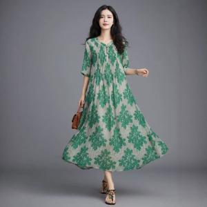 Green Flowers Loose Ramie Beach Dress