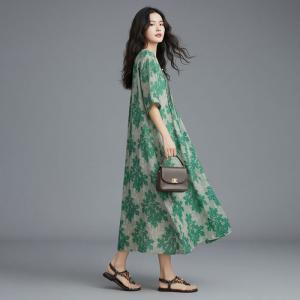 Green Flowers Loose Ramie Beach Dress