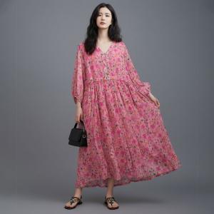 Pink Flowers Ramie Tied Maxi Dress