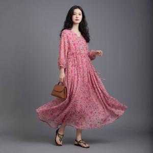 Pink Flowers Ramie Tied Maxi Dress