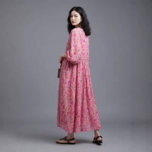 Pink Flowers Ramie Tied Maxi Dress