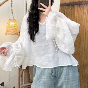 Lantern Sleeves V-Neck Ramie Blouse