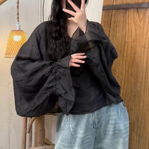 Lantern Sleeves V-Neck Ramie Blouse