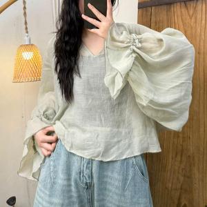 Lantern Sleeves V-Neck Ramie Blouse