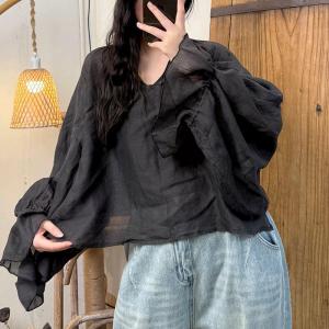 Lantern Sleeves V-Neck Ramie Blouse