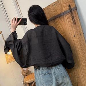 Lantern Sleeves V-Neck Ramie Blouse