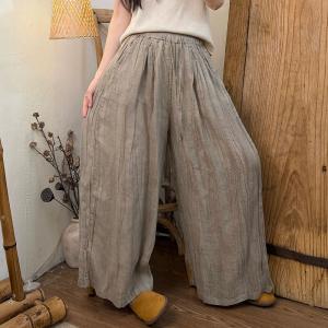 Solid Colors Linen Straight Leg Pleated Pants