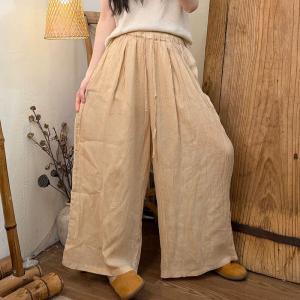 Solid Colors Linen Straight Leg Pleated Pants