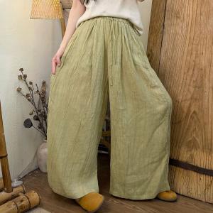Solid Colors Linen Straight Leg Pleated Pants