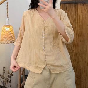 Button Fly Pleated Linen Summer T-Shirt