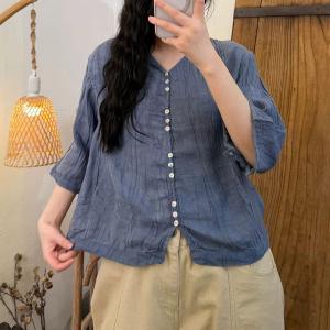 Button Fly Pleated Linen Summer T-Shirt