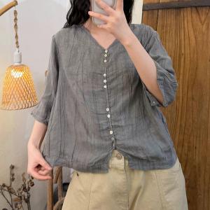 Button Fly Pleated Linen Summer T-Shirt