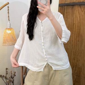 Button Fly Pleated Linen Summer T-Shirt