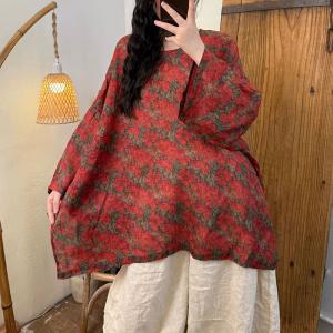 Bat Sleeves Comfy Ramie Printed Blouse